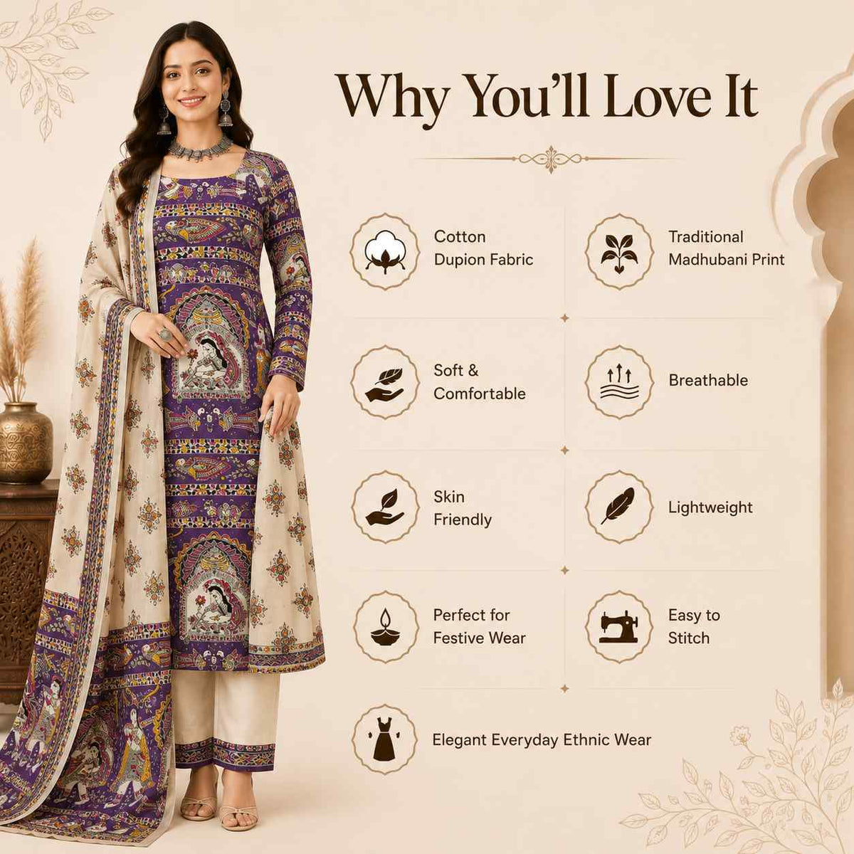 Premium Purple Madhubani Print Cotton Dupion Dress Material for Women | 3 Piece Unstitched Suit Set with Dupatta