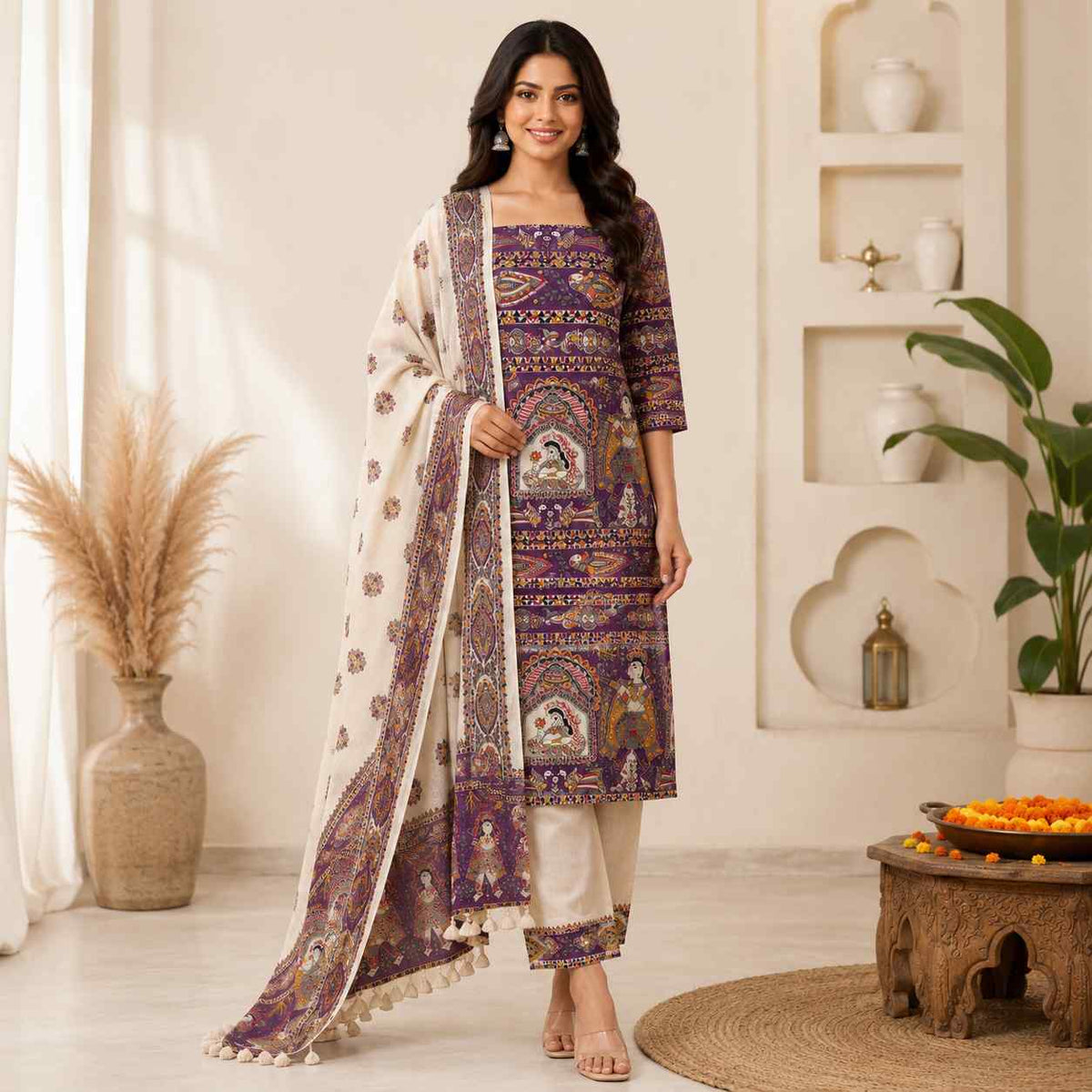 Premium Purple Madhubani Print Cotton Dupion Dress Material for Women | 3 Piece Unstitched Suit Set with Dupatta