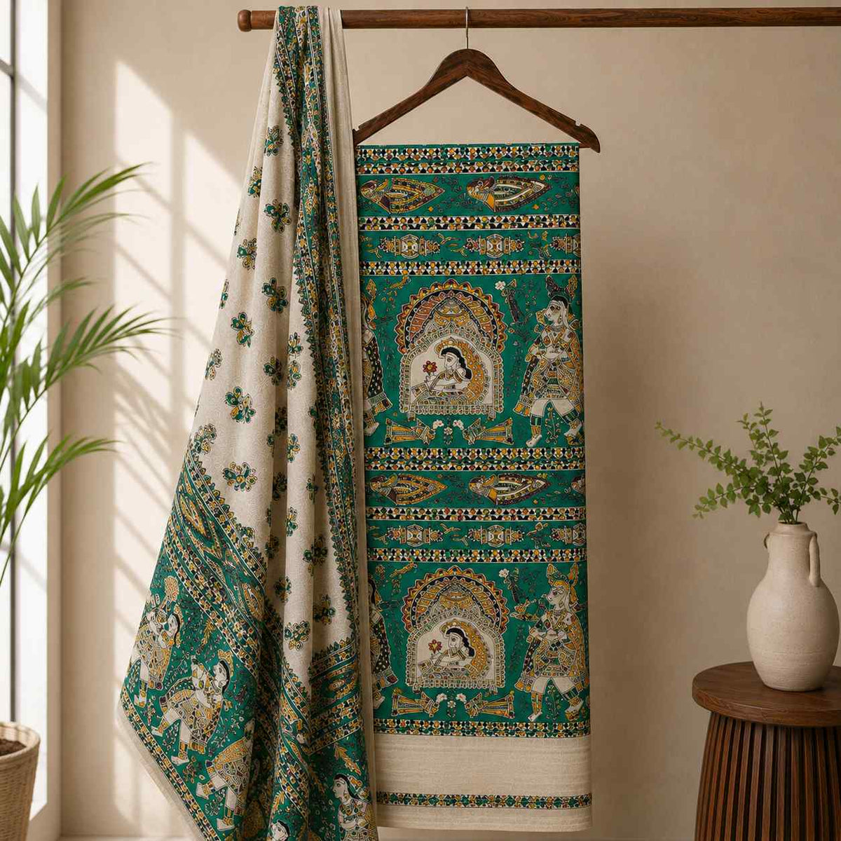Premium Teal Green Madhubani Print Cotton Dupion Dress Material for Women | 3 Piece Unstitched Suit Set with Dupatta