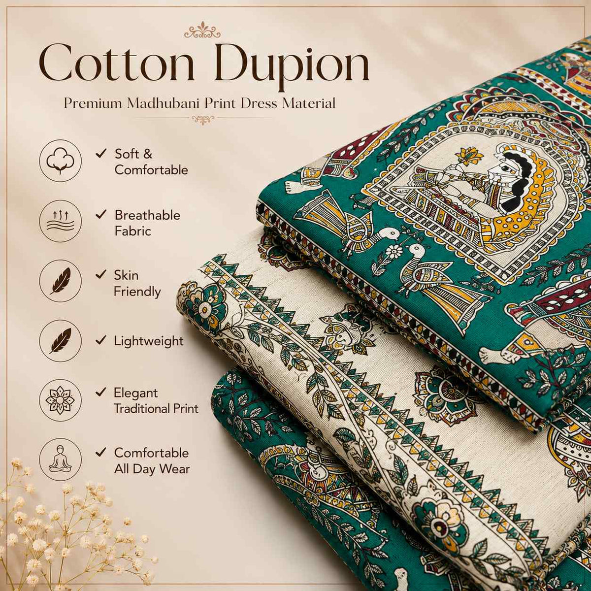 Premium Teal Green Madhubani Print Cotton Dupion Dress Material for Women | 3 Piece Unstitched Suit Set with Dupatta