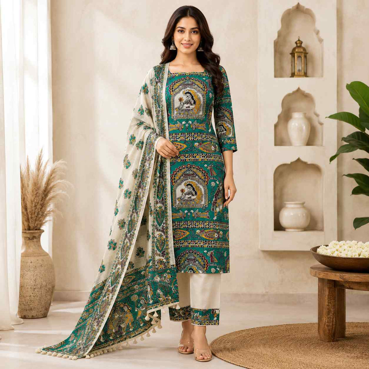 Premium Teal Green Madhubani Print Cotton Dupion Dress Material for Women | 3 Piece Unstitched Suit Set with Dupatta
