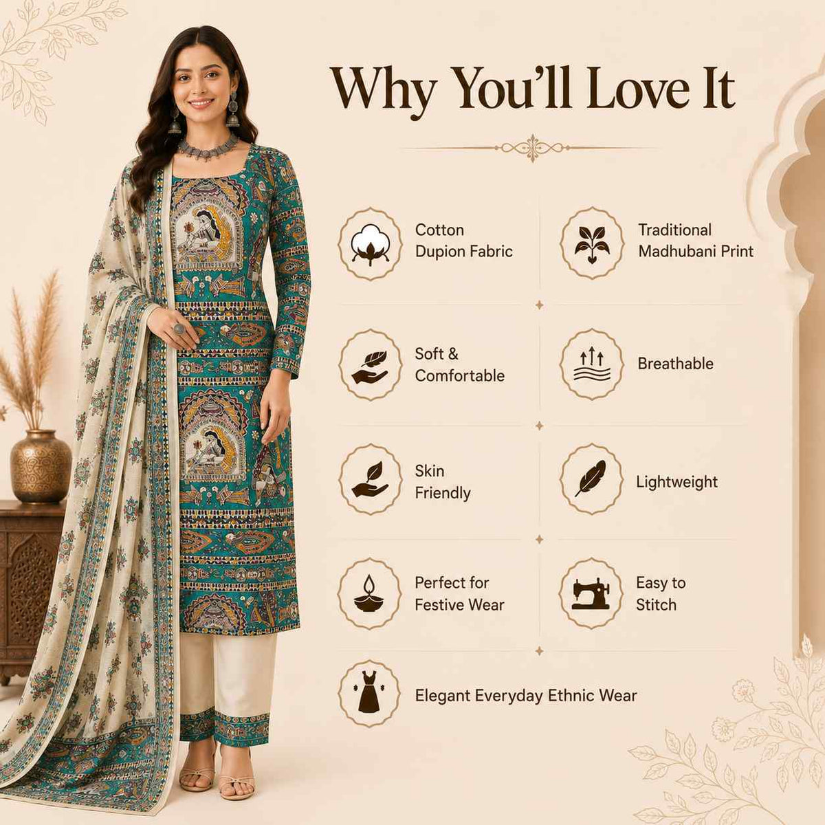 Premium Teal Green Madhubani Print Cotton Dupion Dress Material for Women | 3 Piece Unstitched Suit Set with Dupatta