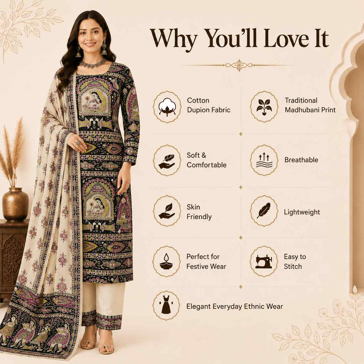 Premium Black Madhubani Print Cotton Dupion Dress Material for Women | 3 Piece Unstitched Suit Set with Dupatta