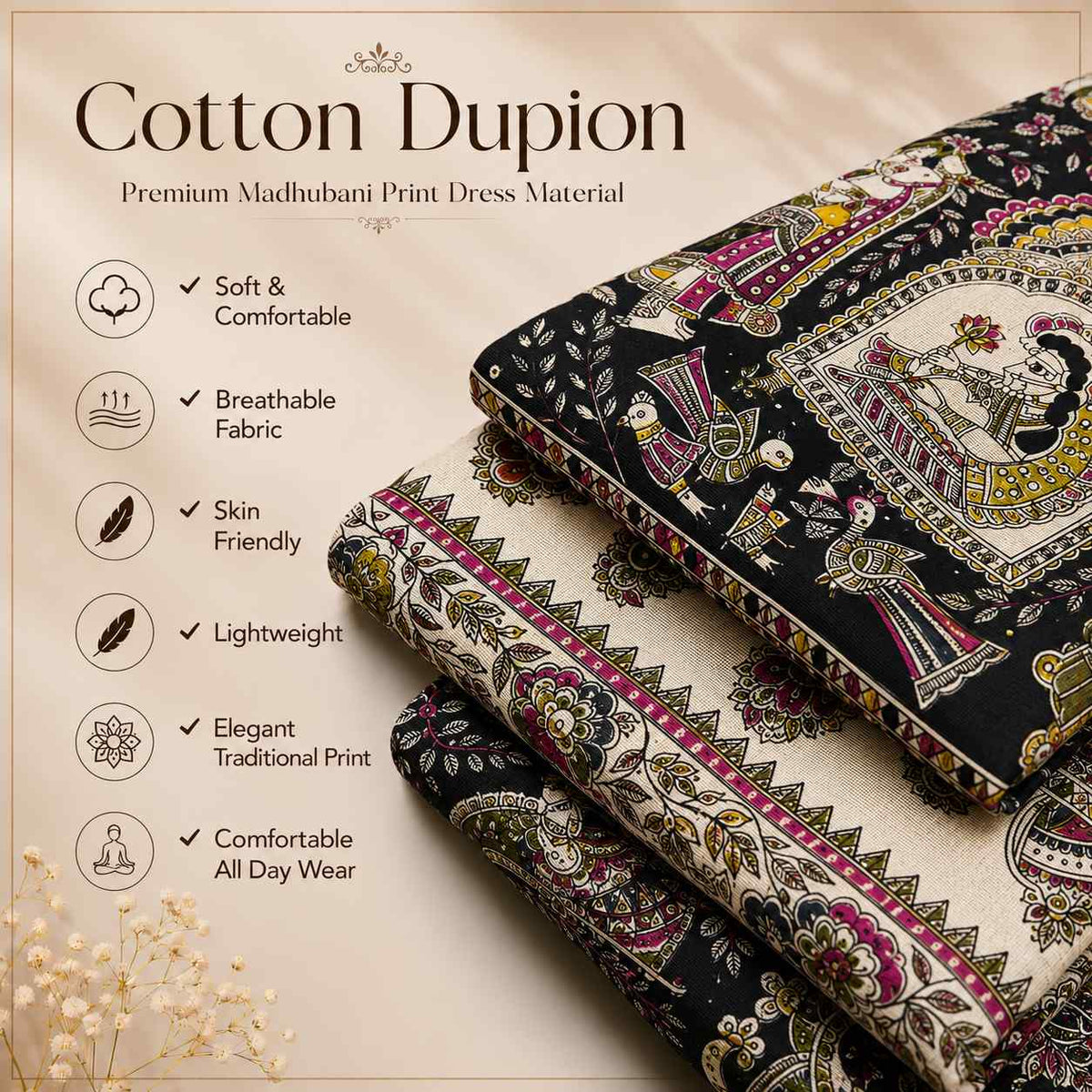 Premium Black Madhubani Print Cotton Dupion Dress Material for Women | 3 Piece Unstitched Suit Set with Dupatta