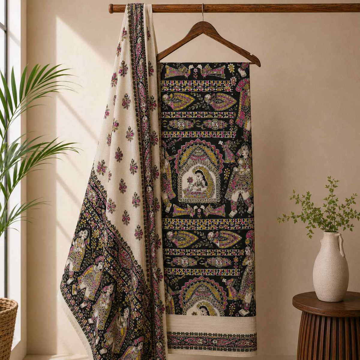 Premium Black Madhubani Print Cotton Dupion Dress Material for Women | 3 Piece Unstitched Suit Set with Dupatta