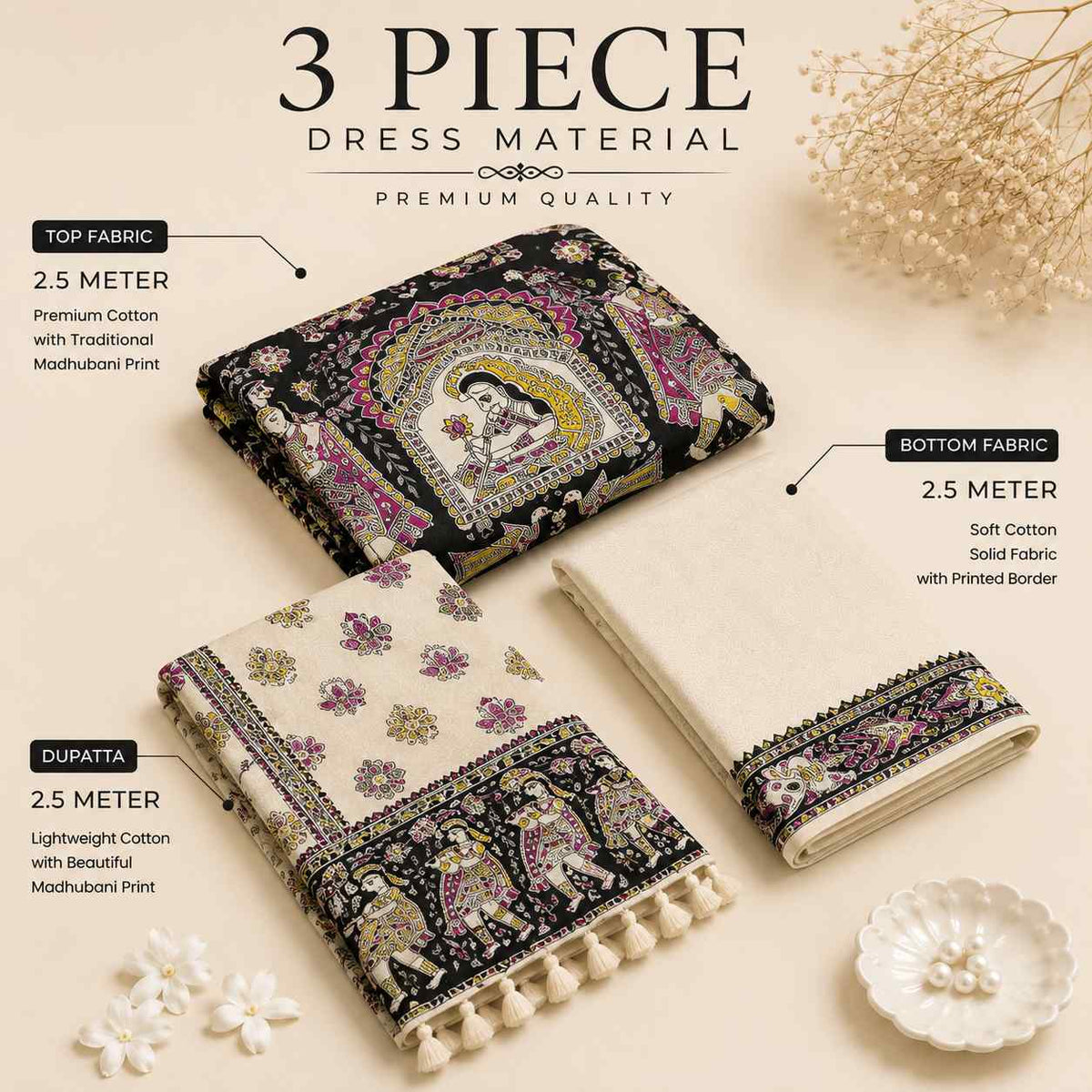 Premium Black Madhubani Print Cotton Dupion Dress Material for Women | 3 Piece Unstitched Suit Set with Dupatta