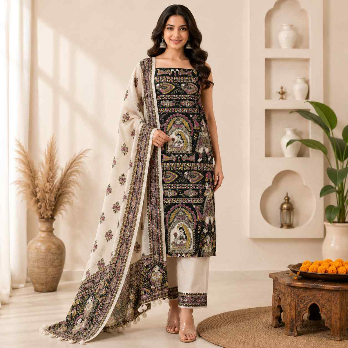 Premium Black Madhubani Print Cotton Dupion Dress Material for Women | 3 Piece Unstitched Suit Set with Dupatta