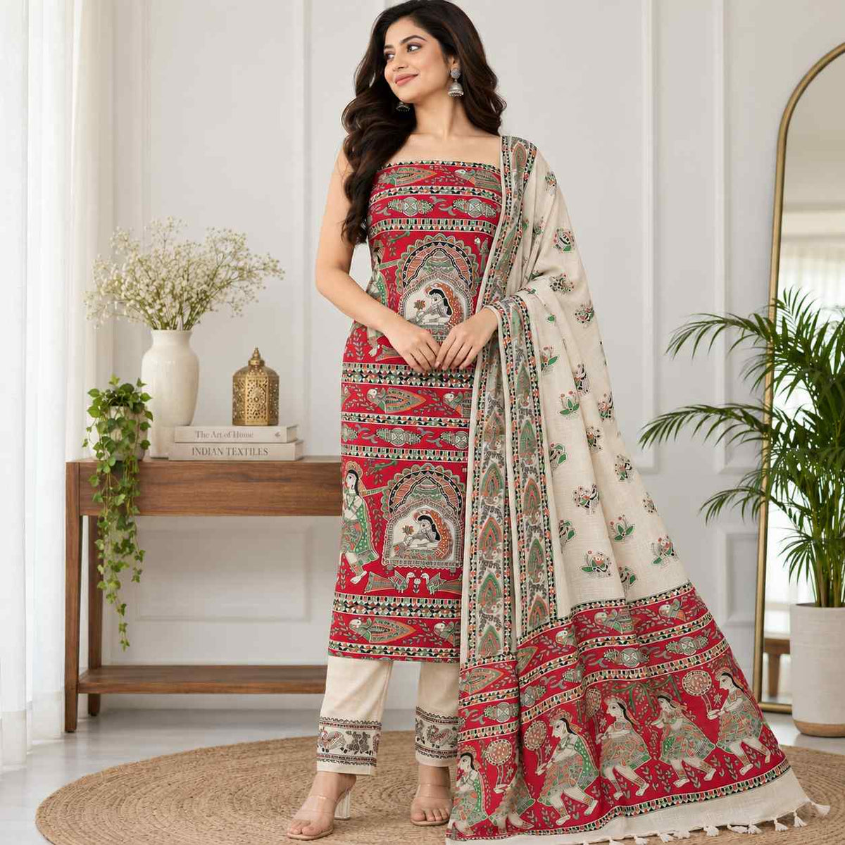 Premium Red Orange Madhubani Print Cotton Dupion Dress Material for Women | 3 Piece Unstitched Suit Set with Dupatta