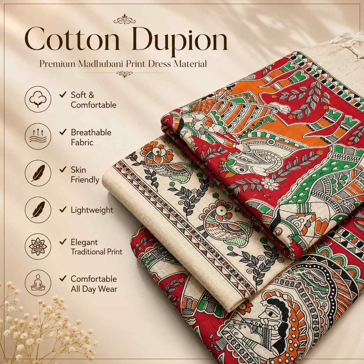 Premium Red Orange Madhubani Print Cotton Dupion Dress Material for Women | 3 Piece Unstitched Suit Set with Dupatta