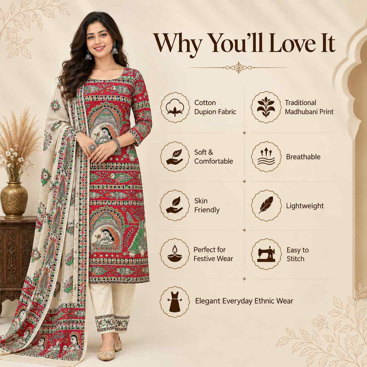 Premium Red Orange Madhubani Print Cotton Dupion Dress Material for Women | 3 Piece Unstitched Suit Set with Dupatta