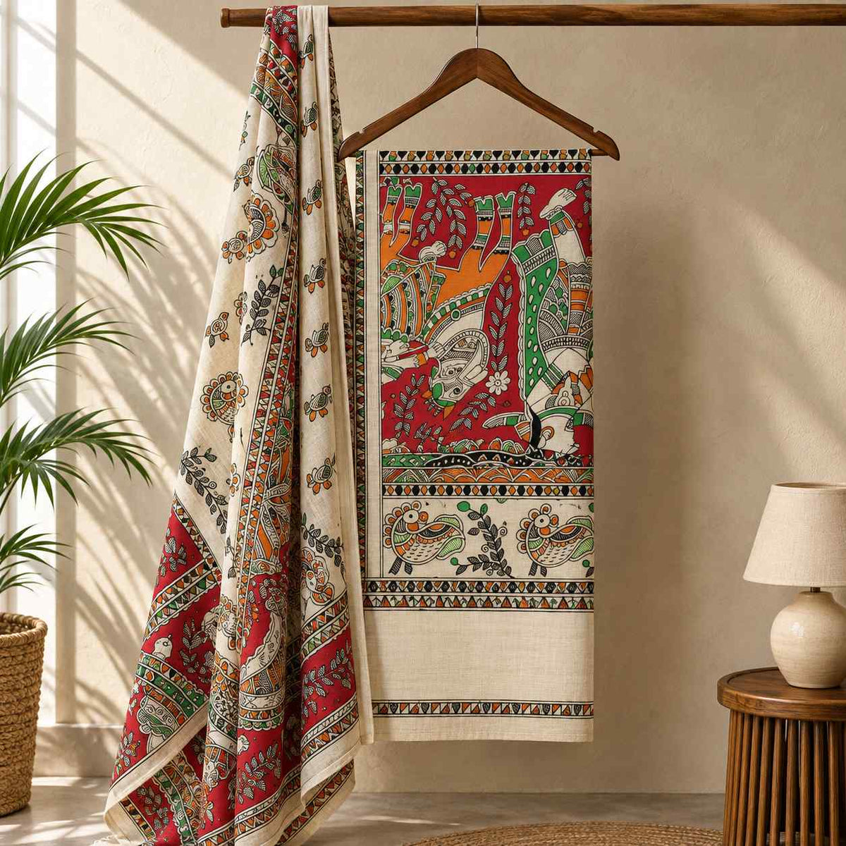 Premium Red Orange Madhubani Print Cotton Dupion Dress Material for Women | 3 Piece Unstitched Suit Set with Dupatta