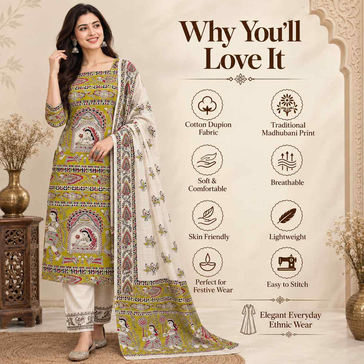 Premium Mustard Yellow Madhubani Print Cotton Dupion Dress Material for Women | 3 Piece Unstitched Suit Set with Dupatta