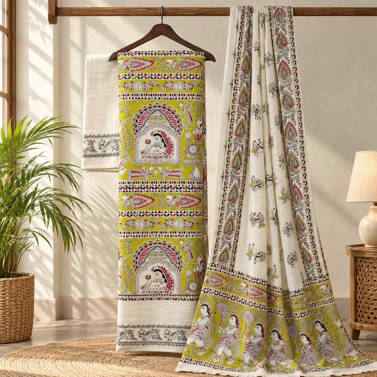 Premium Mustard Yellow Madhubani Print Cotton Dupion Dress Material for Women | 3 Piece Unstitched Suit Set with Dupatta