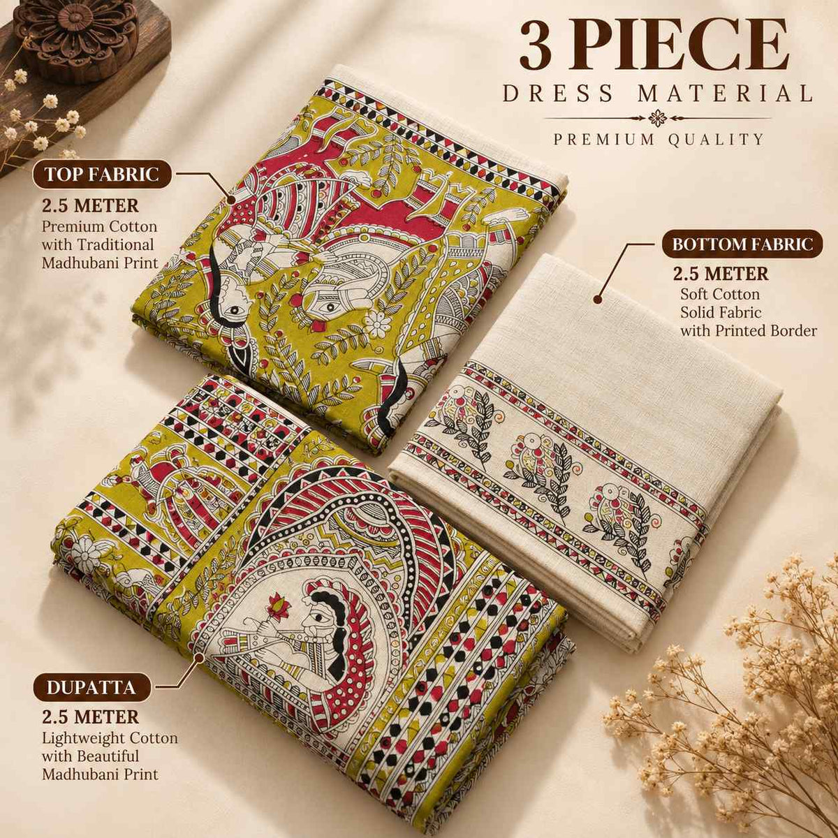 Premium Mustard Yellow Madhubani Print Cotton Dupion Dress Material for Women | 3 Piece Unstitched Suit Set with Dupatta