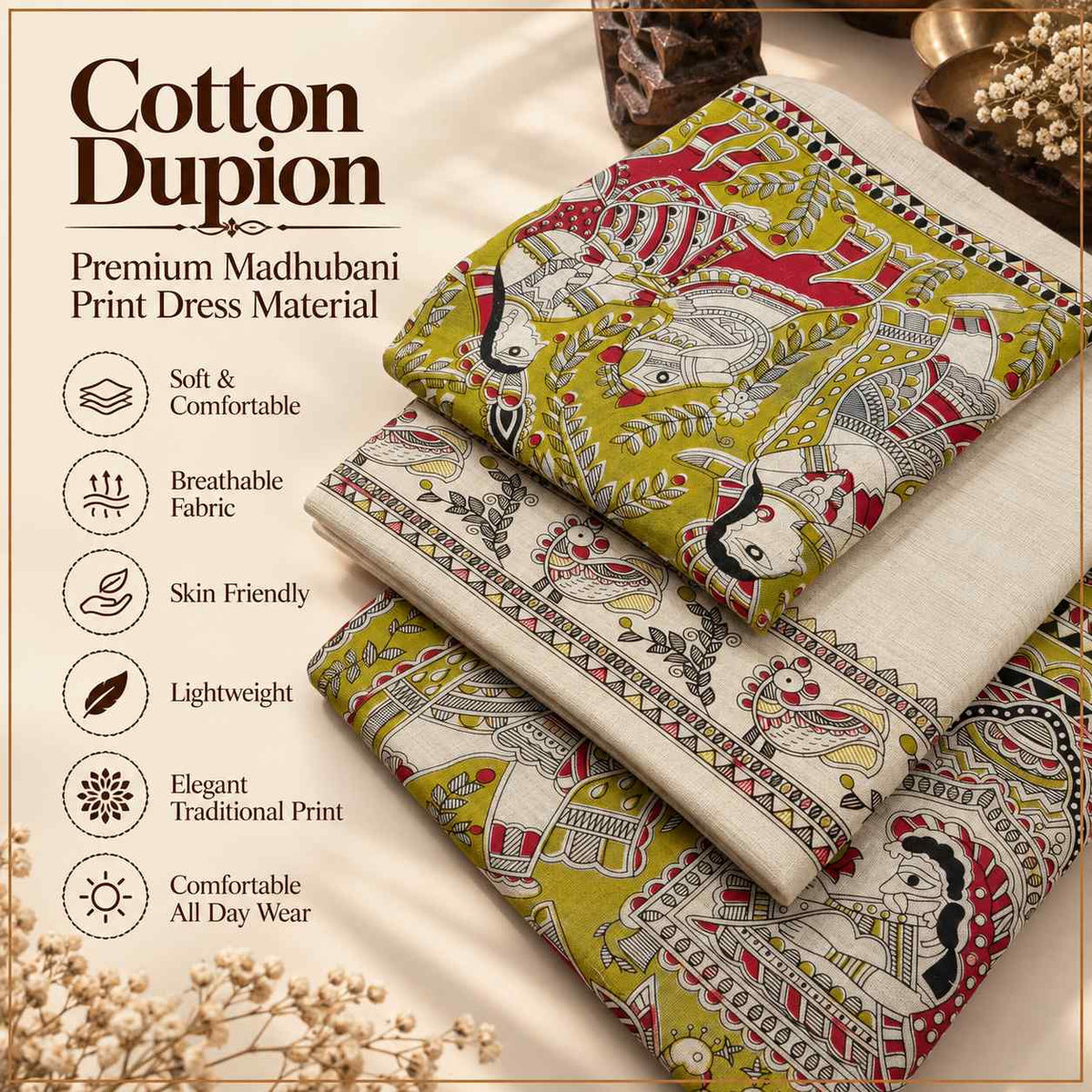 Premium Mustard Yellow Madhubani Print Cotton Dupion Dress Material for Women | 3 Piece Unstitched Suit Set with Dupatta