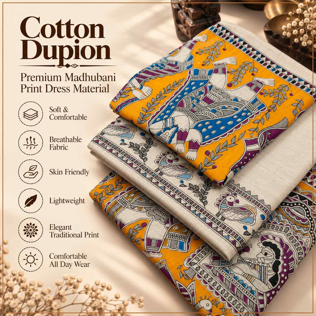 Premium Golden Yellow Madhubani Print Cotton Dupion Dress Material for Women | 3 Piece Unstitched Suit Set with Dupatta