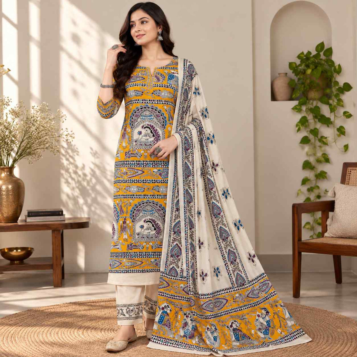 Premium Golden Yellow Madhubani Print Cotton Dupion Dress Material for Women | 3 Piece Unstitched Suit Set with Dupatta