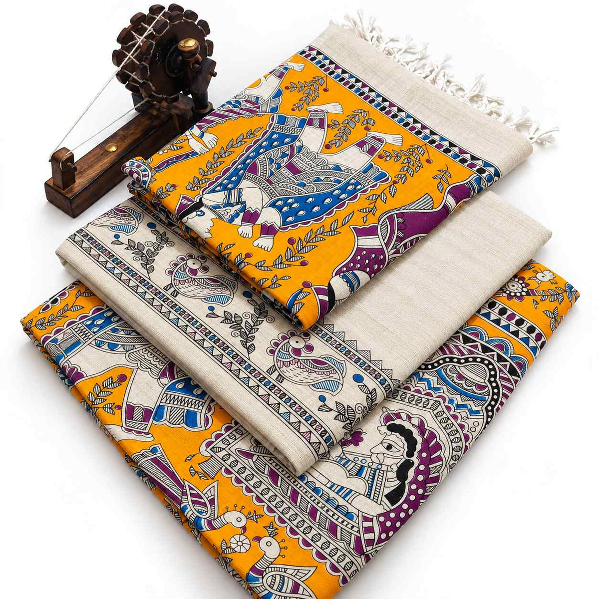 Premium Golden Yellow Madhubani Print Cotton Dupion Dress Material for Women | 3 Piece Unstitched Suit Set with Dupatta