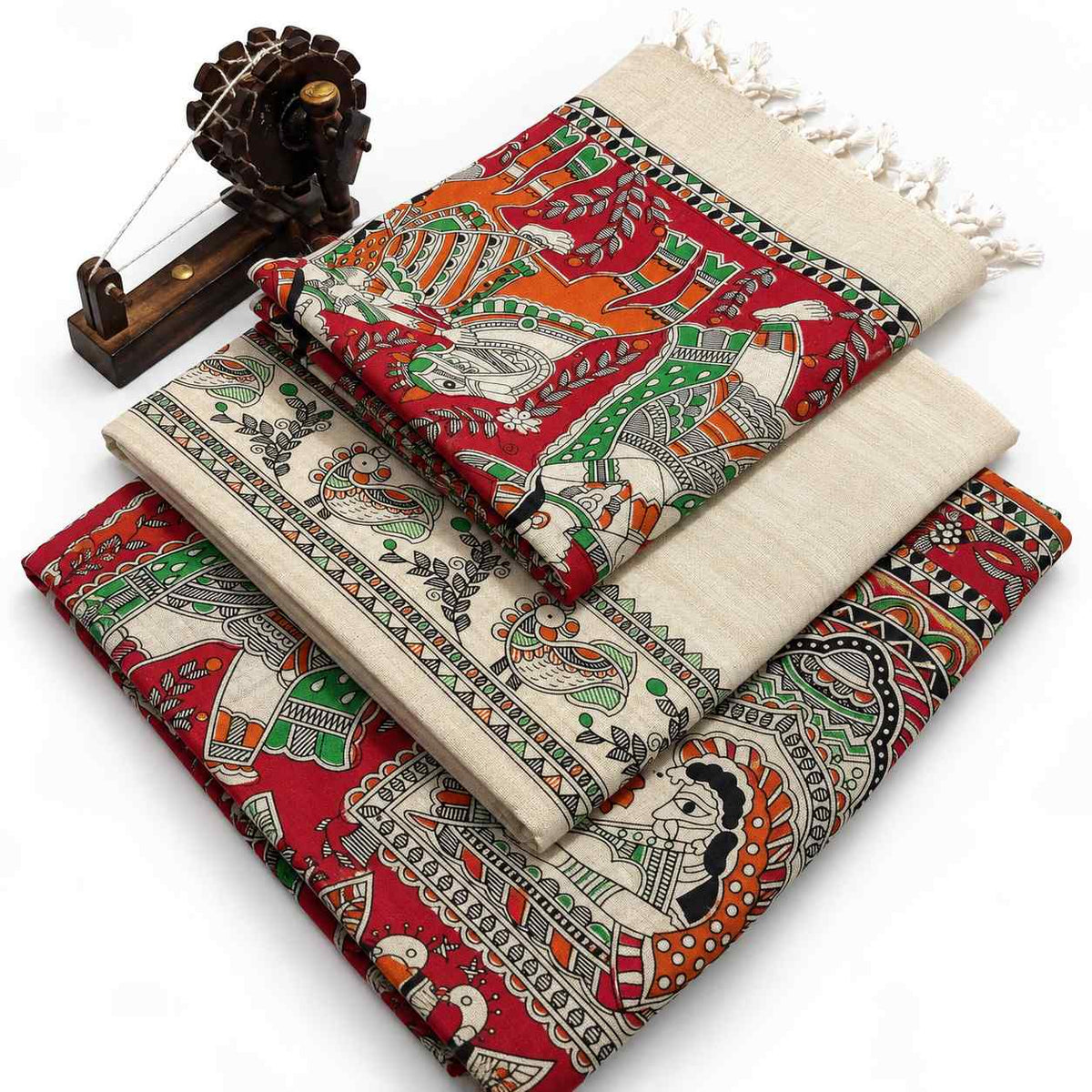 Premium Red Orange Madhubani Print Cotton Dupion Dress Material for Women | 3 Piece Unstitched Suit Set with Dupatta