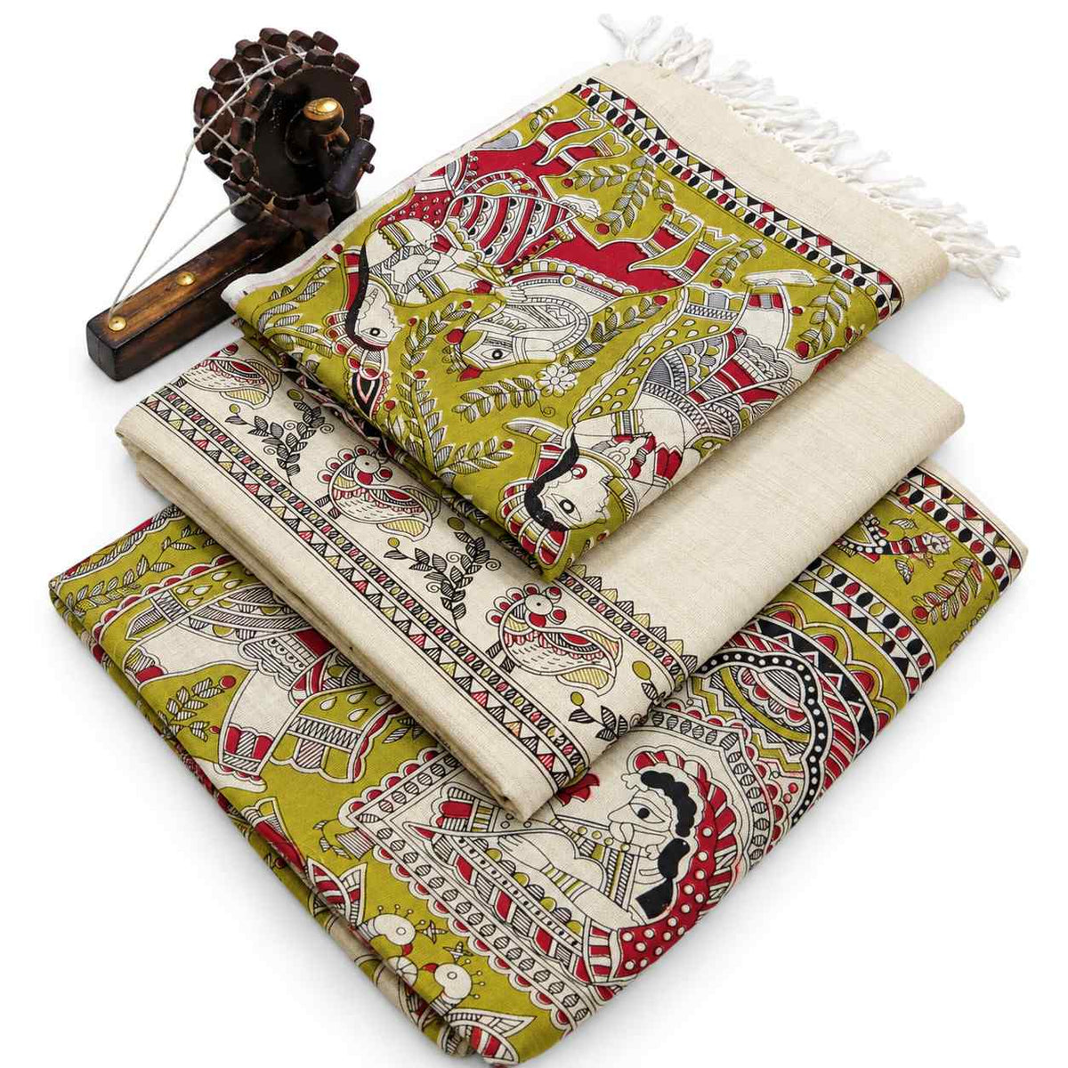 Premium Mustard Yellow Madhubani Print Cotton Dupion Dress Material for Women | 3 Piece Unstitched Suit Set with Dupatta