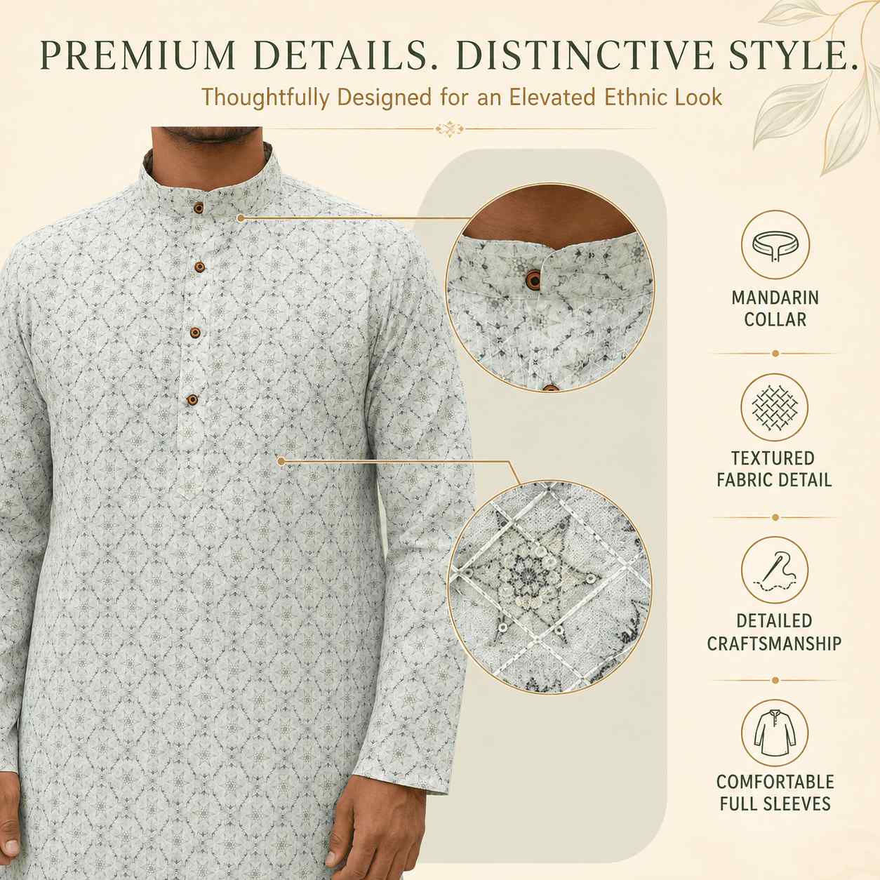 AIZA ARHAM Men’s Premium Kurta with Mandarin Collar and Full Sleeves | Festival, Casual, Occasional and Gifting