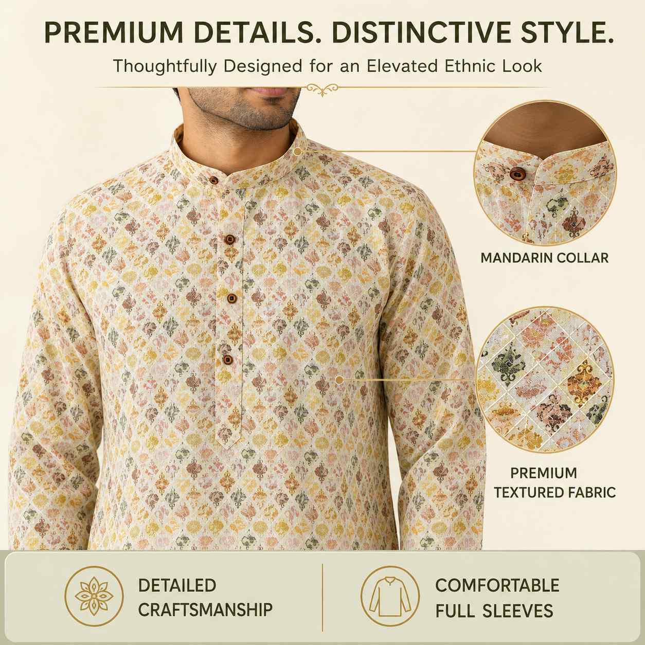 AIZA ARHAM Men’s Premium Kurta with Mandarin Collar and Full Sleeves | Festival, Casual, Occasional and Gifting