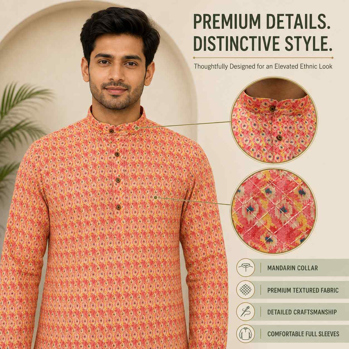 AIZA ARHAM Men’s Premium Kurta with Mandarin Collar and Full Sleeves | Festival, Casual, Occasional and Gifting