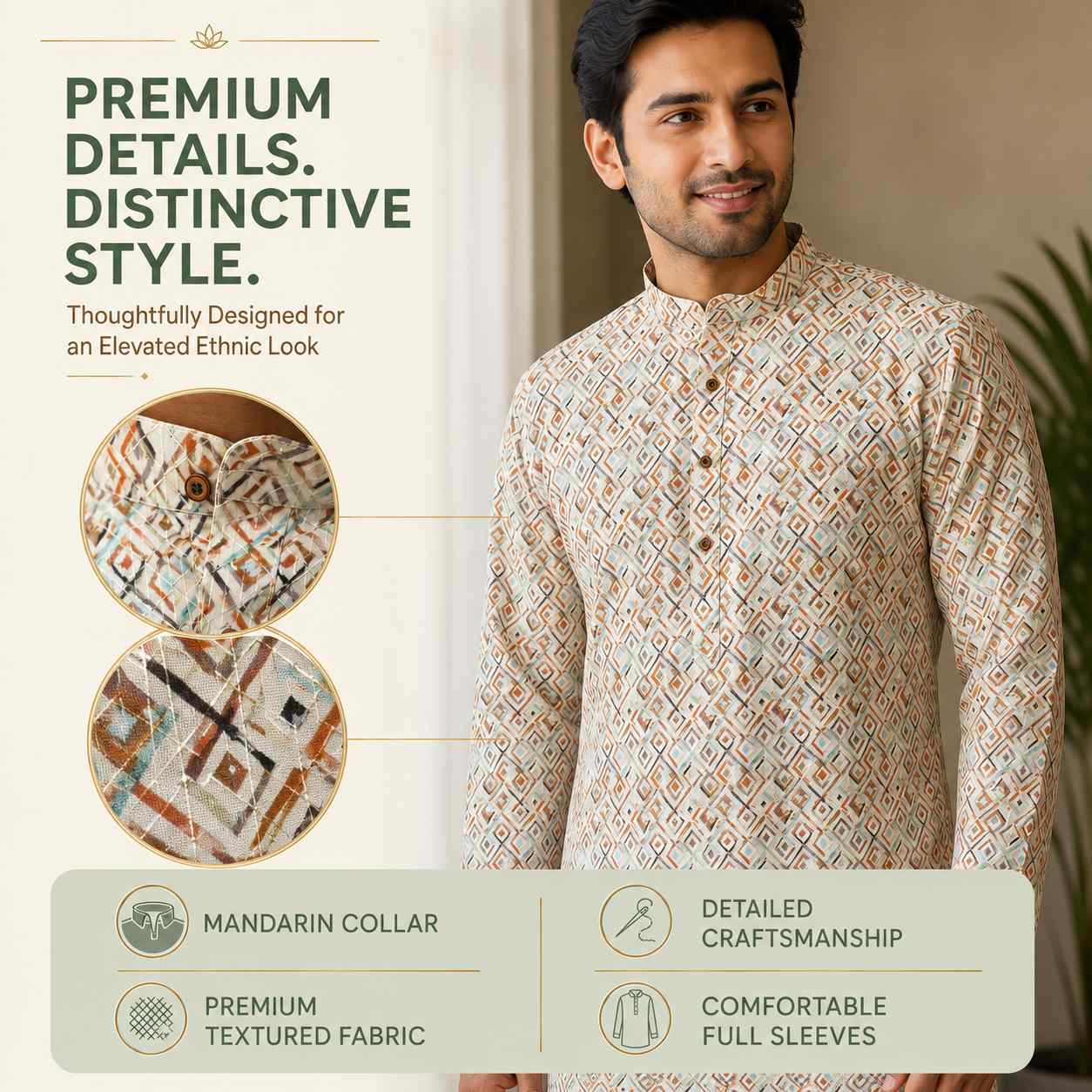 AIZA ARHAM Men’s Premium Kurta with Mandarin Collar and Full Sleeves | Festival, Casual, Occasional and Gifting
