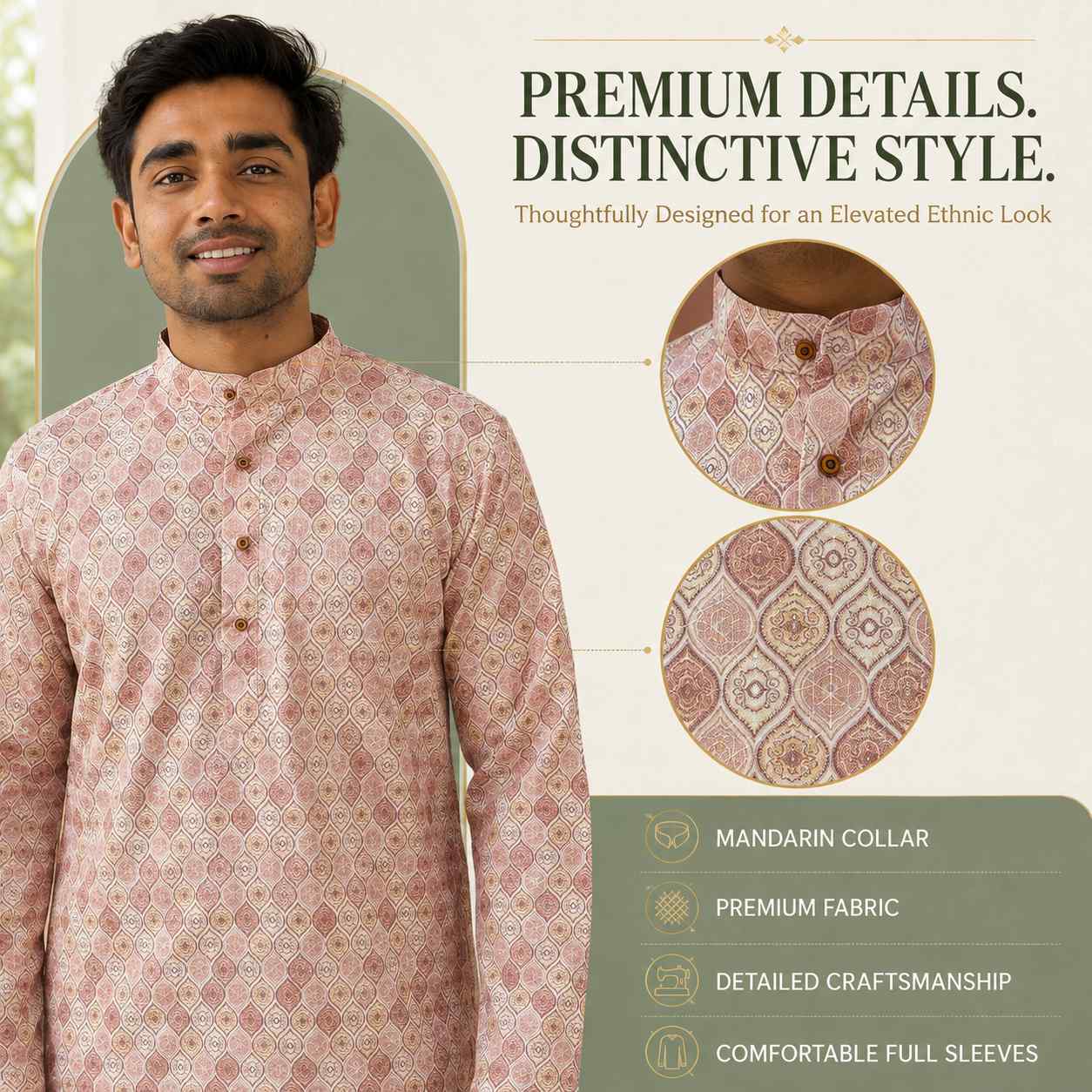 AIZA ARHAM Men’s Premium Kurta with Mandarin Collar and Full Sleeves | Festival, Casual, Occasional and Gifting