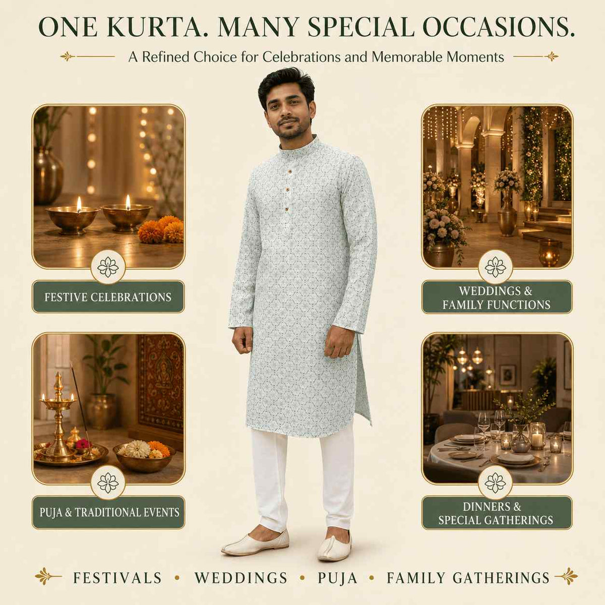AIZA ARHAM Men’s Premium Kurta with Mandarin Collar and Full Sleeves | Festival, Casual, Occasional and Gifting