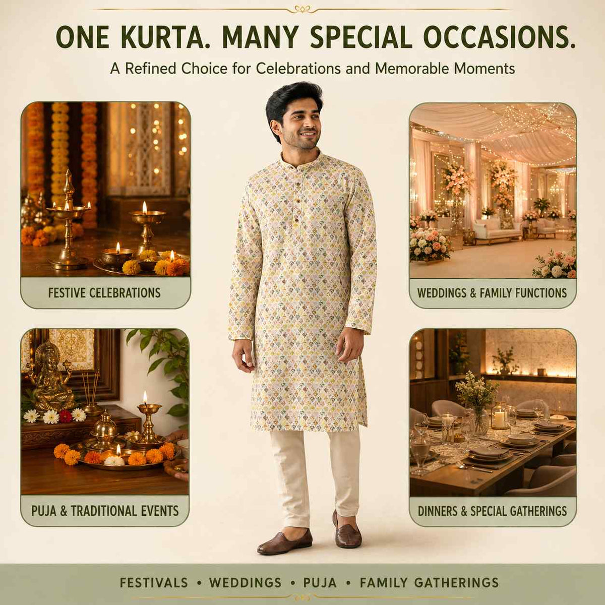 AIZA ARHAM Men’s Premium Kurta with Mandarin Collar and Full Sleeves | Festival, Casual, Occasional and Gifting