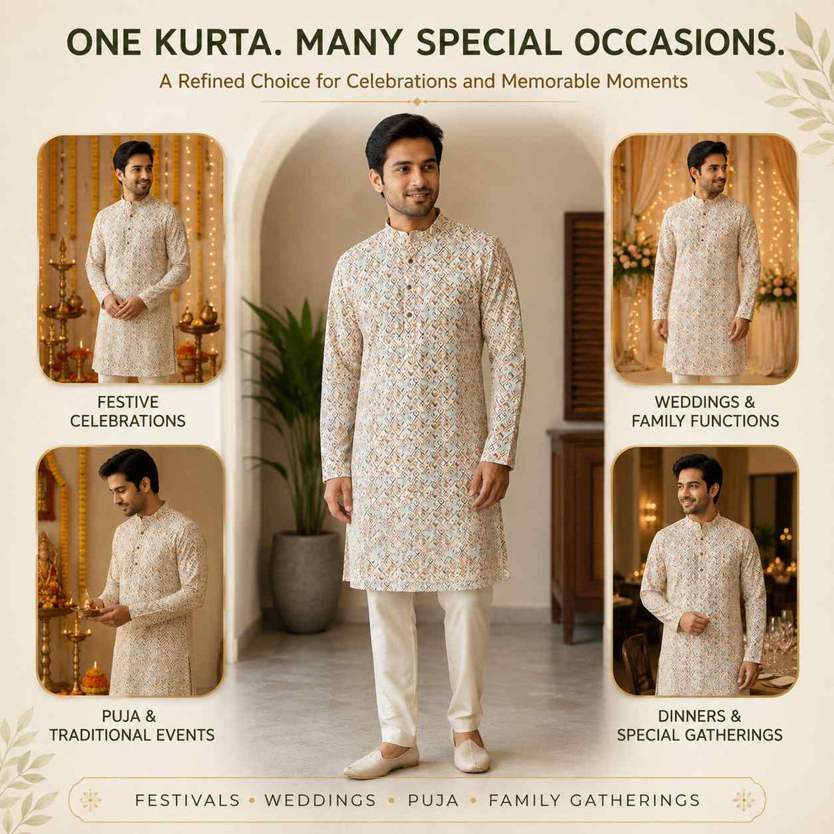 AIZA ARHAM Men’s Premium Kurta with Mandarin Collar and Full Sleeves | Festival, Casual, Occasional and Gifting