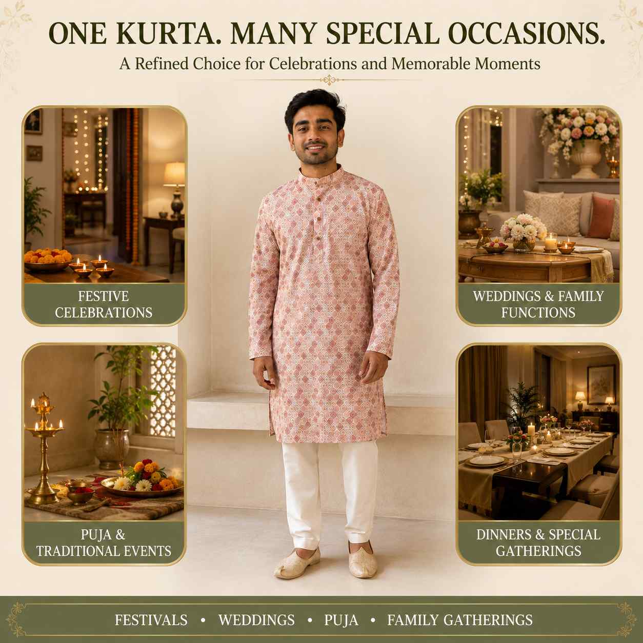 AIZA ARHAM Men’s Premium Kurta with Mandarin Collar and Full Sleeves | Festival, Casual, Occasional and Gifting