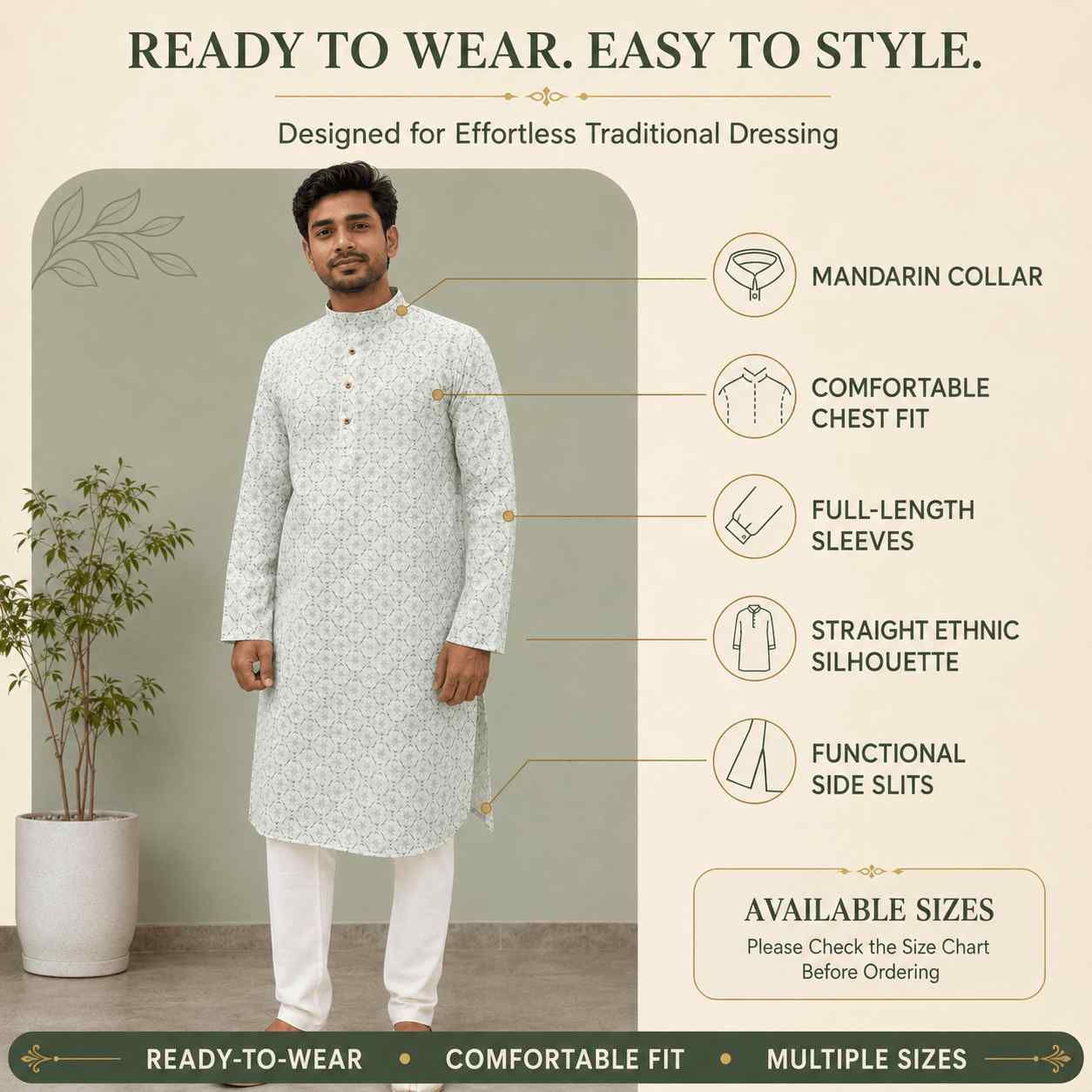 AIZA ARHAM Men’s Premium Kurta with Mandarin Collar and Full Sleeves | Festival, Casual, Occasional and Gifting