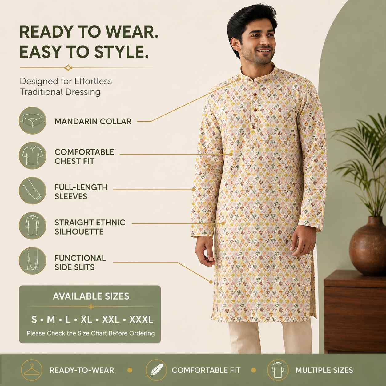 AIZA ARHAM Men’s Premium Kurta with Mandarin Collar and Full Sleeves | Festival, Casual, Occasional and Gifting