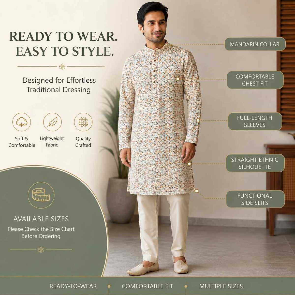 AIZA ARHAM Men’s Premium Kurta with Mandarin Collar and Full Sleeves | Festival, Casual, Occasional and Gifting
