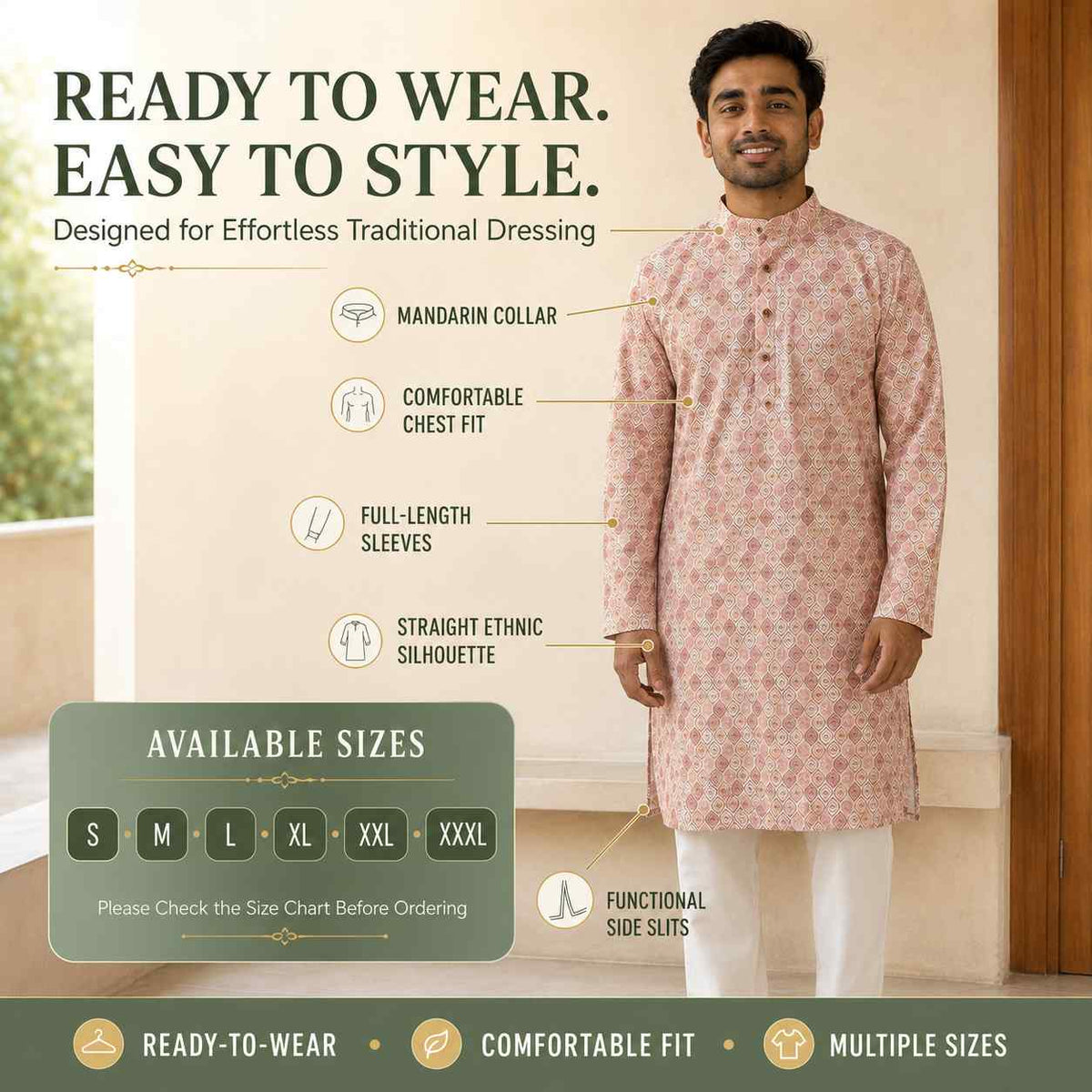 AIZA ARHAM Men’s Premium Kurta with Mandarin Collar and Full Sleeves | Festival, Casual, Occasional and Gifting