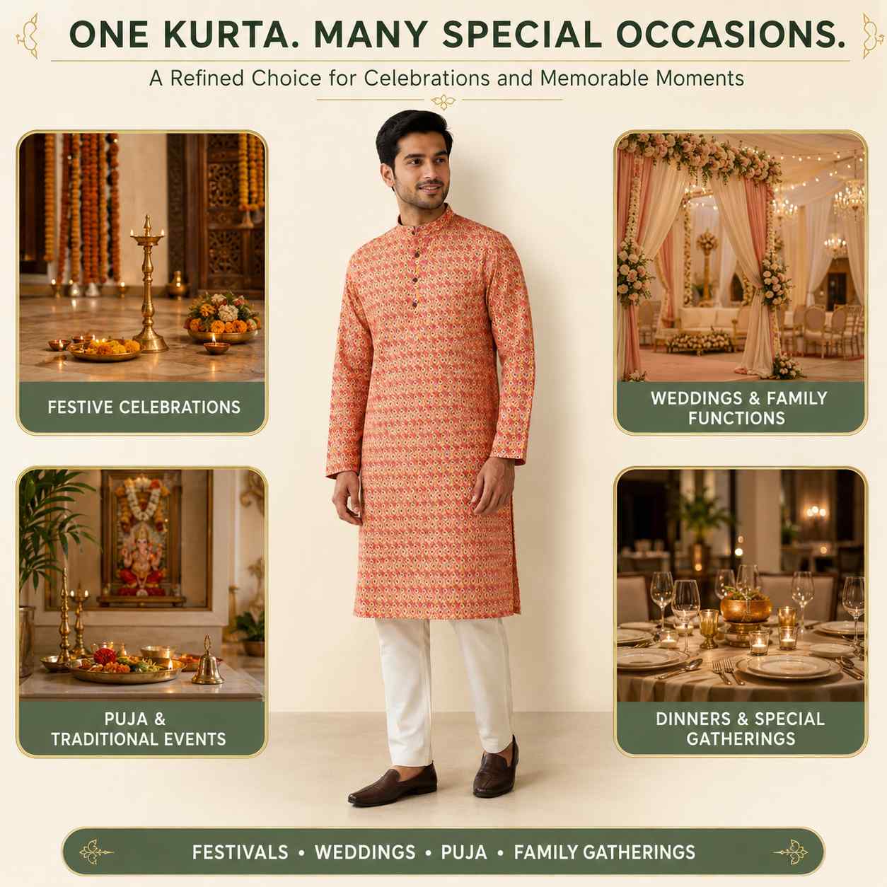 AIZA ARHAM Men’s Premium Kurta with Mandarin Collar and Full Sleeves | Festival, Casual, Occasional and Gifting