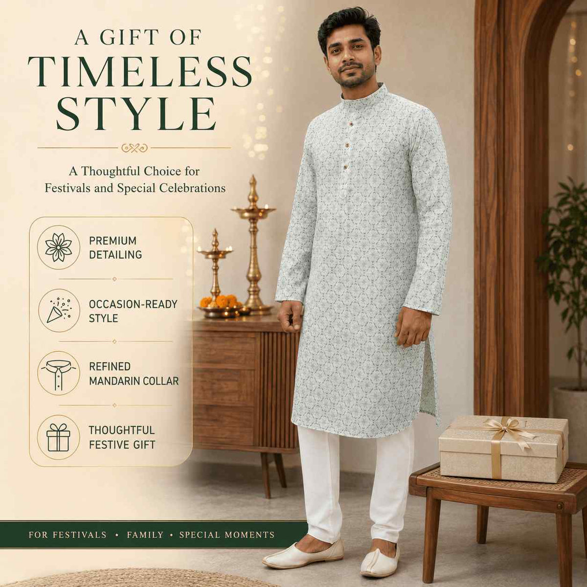 AIZA ARHAM Men’s Premium Kurta with Mandarin Collar and Full Sleeves | Festival, Casual, Occasional and Gifting