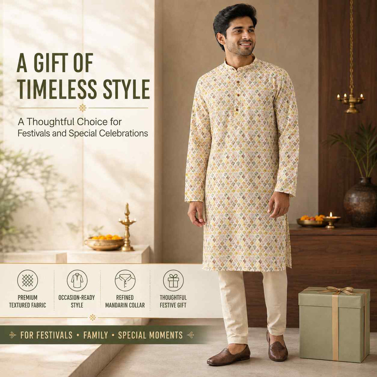 AIZA ARHAM Men’s Premium Kurta with Mandarin Collar and Full Sleeves | Festival, Casual, Occasional and Gifting