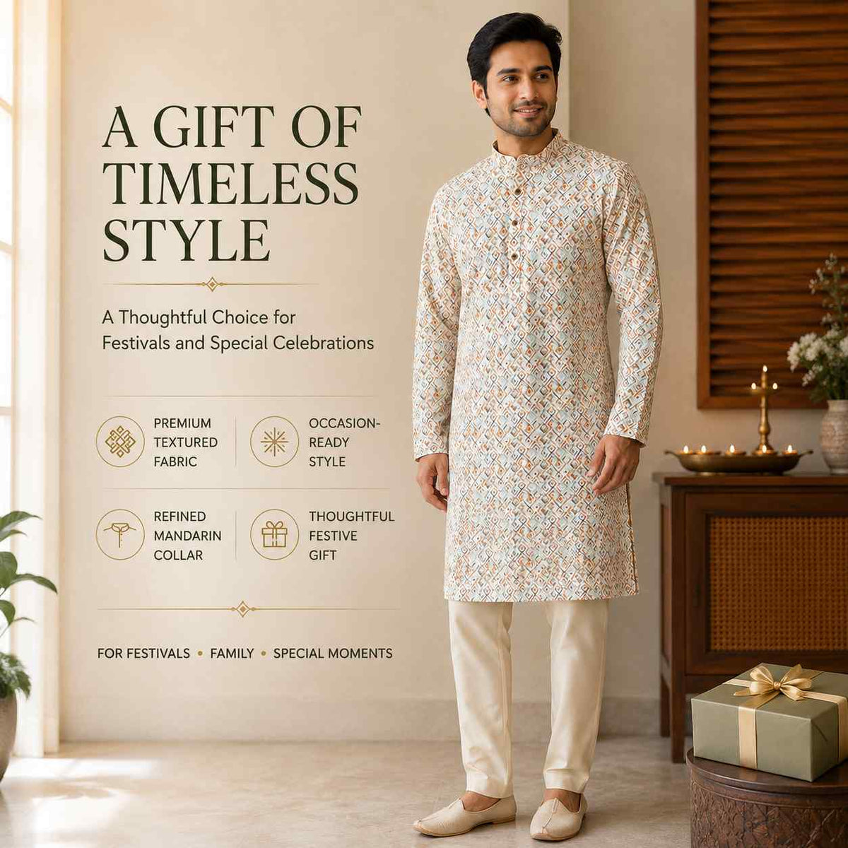 AIZA ARHAM Men’s Premium Kurta with Mandarin Collar and Full Sleeves | Festival, Casual, Occasional and Gifting