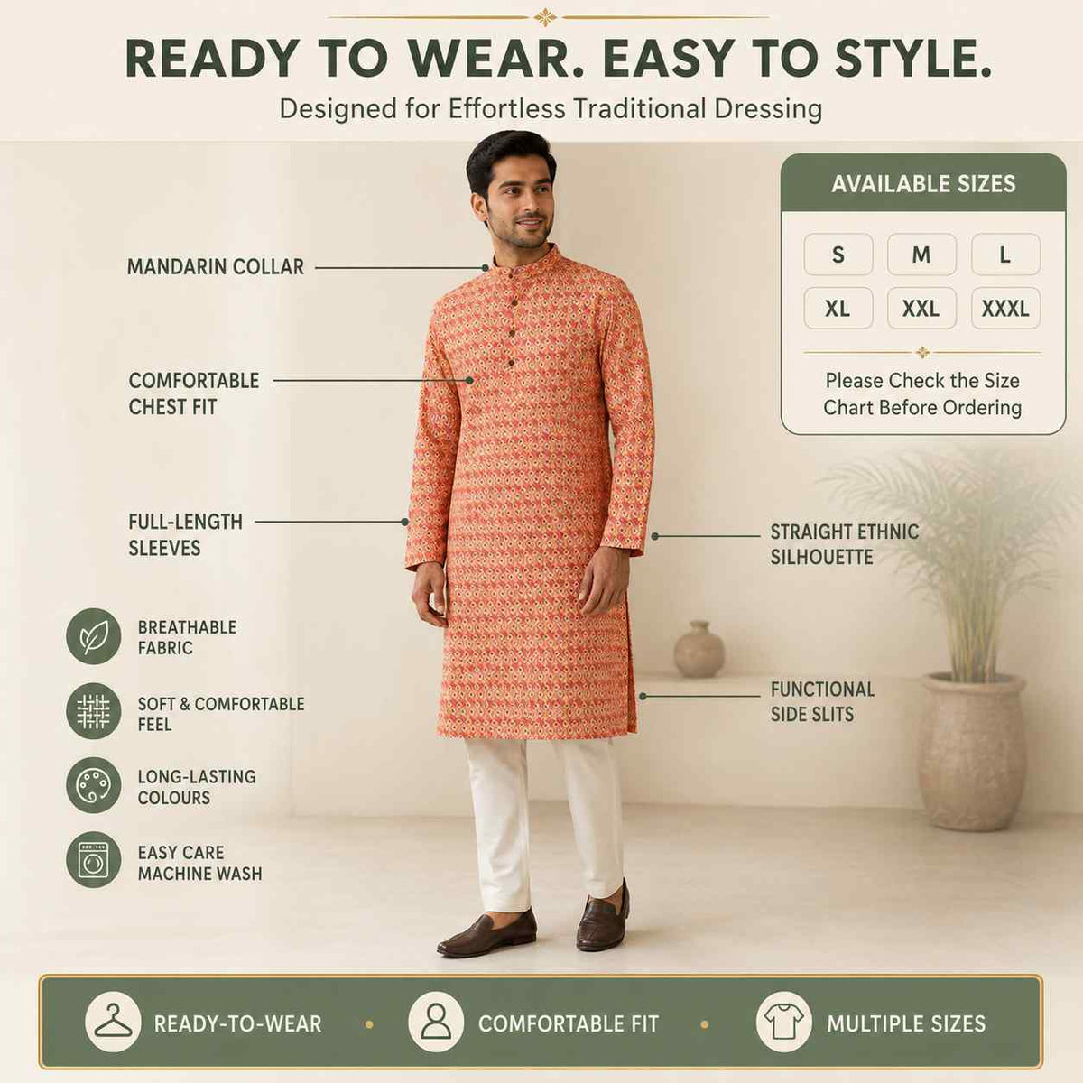 AIZA ARHAM Men’s Premium Kurta with Mandarin Collar and Full Sleeves | Festival, Casual, Occasional and Gifting
