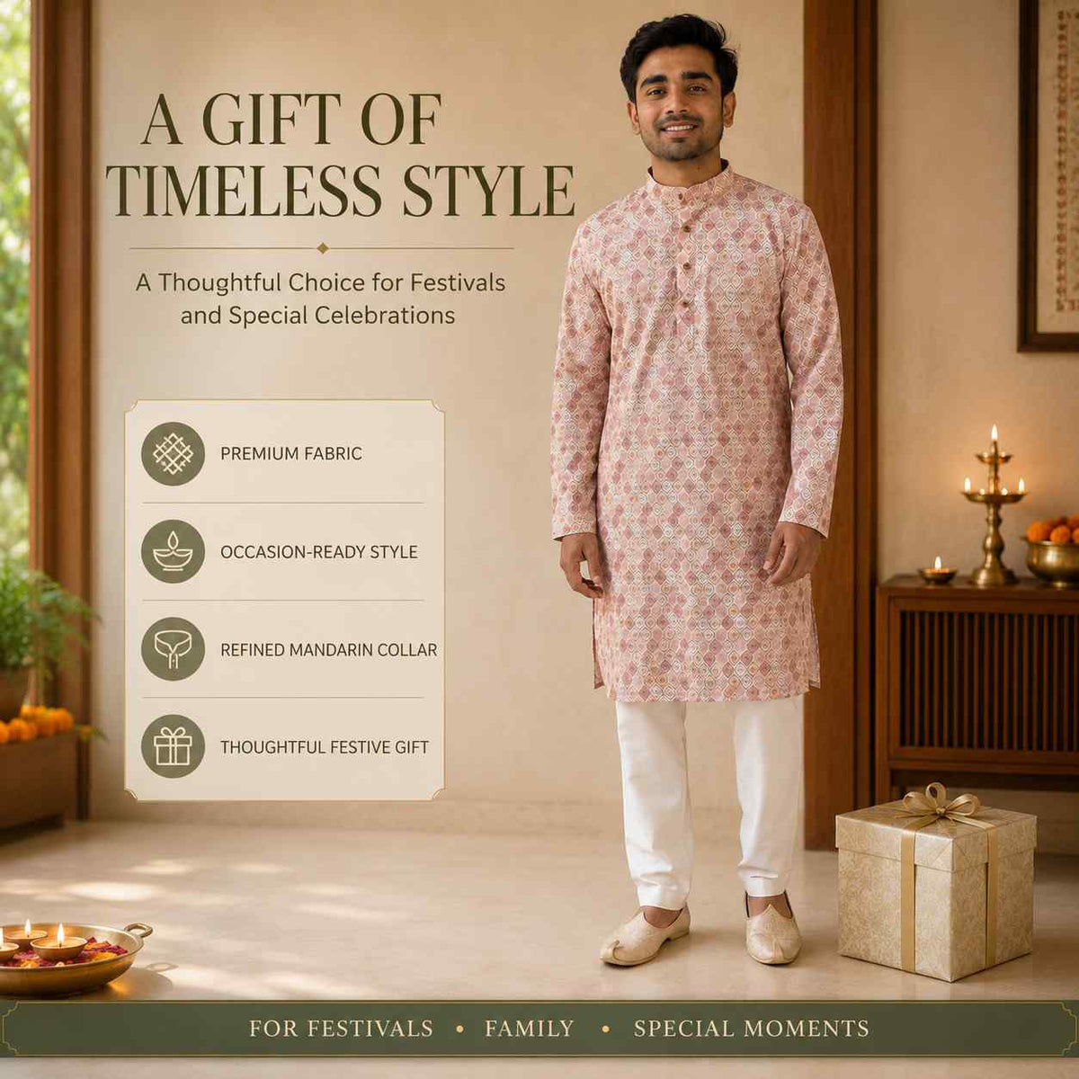 AIZA ARHAM Men’s Premium Kurta with Mandarin Collar and Full Sleeves | Festival, Casual, Occasional and Gifting