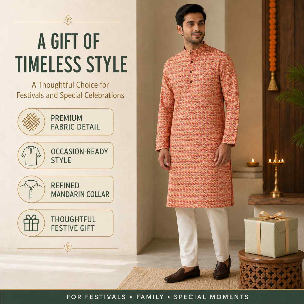 AIZA ARHAM Men’s Premium Kurta with Mandarin Collar and Full Sleeves | Festival, Casual, Occasional and Gifting