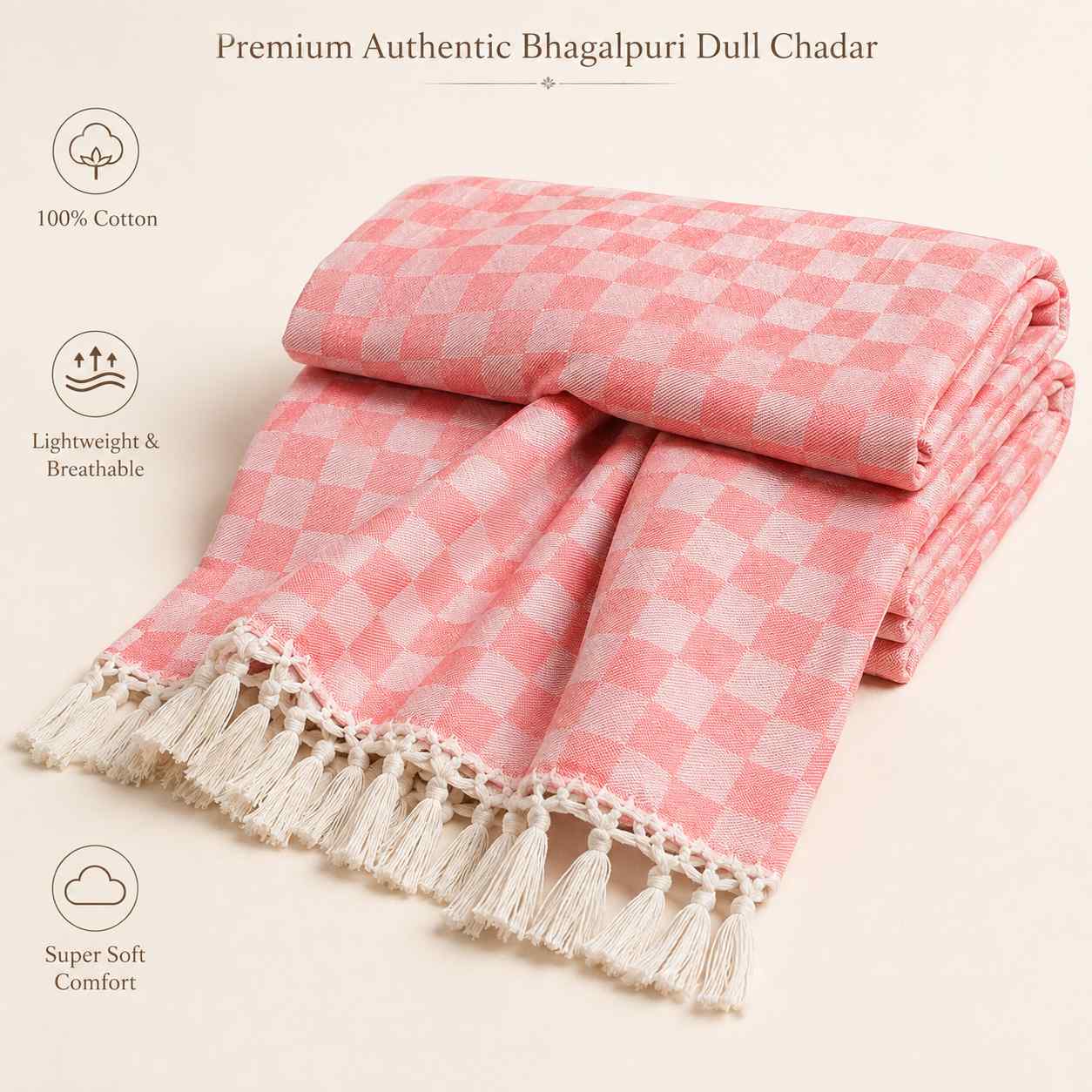 Authentic 3D Bhagalpuri Dull Chadar – Lightweight Pure Cotton AC & Travel Blanket - Premium ( 100×52 in )
