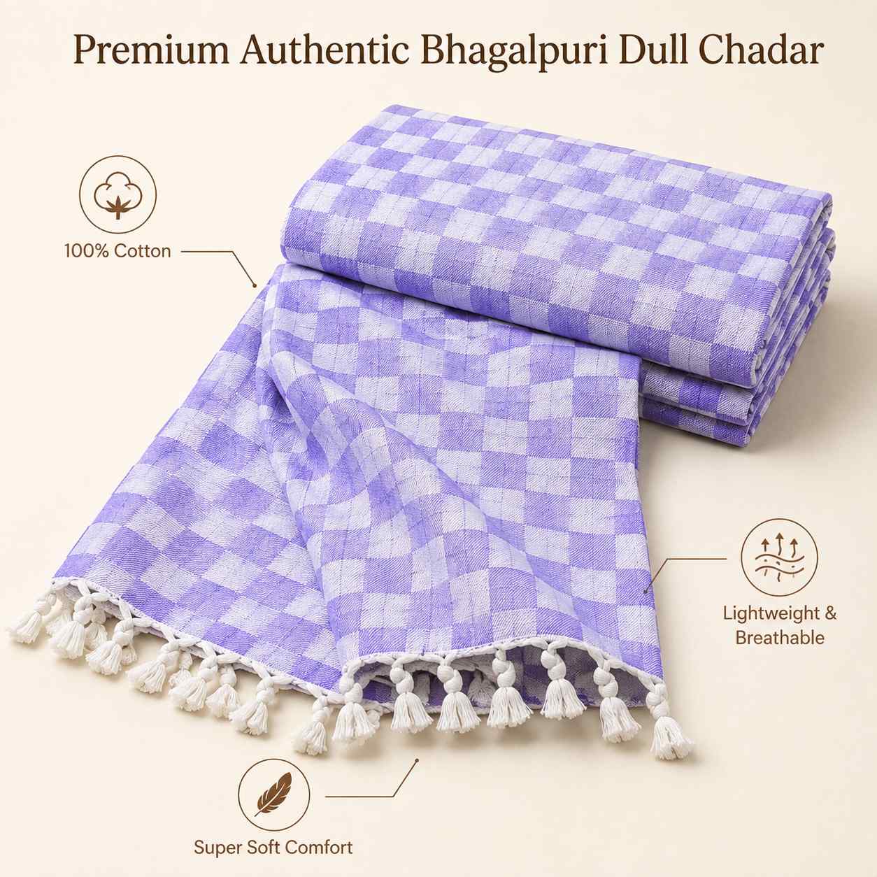 Authentic 3D Bhagalpuri Dull Chadar – Lightweight Pure Cotton AC & Travel Blanket - Premium ( 100×52 in )