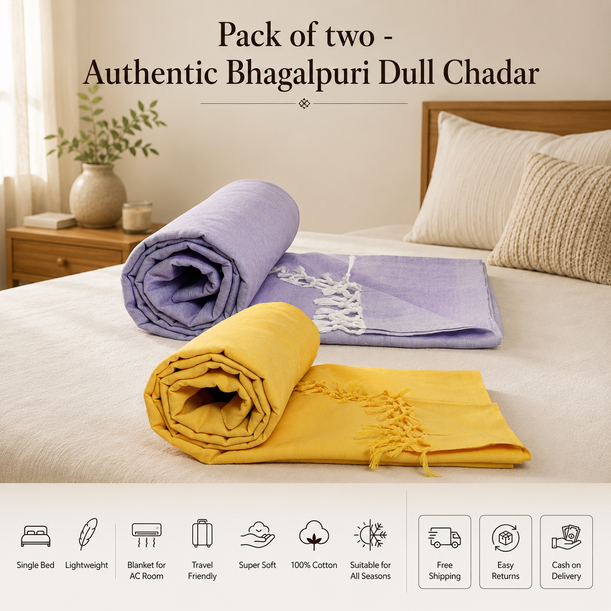 Pack of 2 Authentic Classic Bhagalpuri Dull Chadar | 100% Cotton Lightweight Soft Blanket for AC Room, Travel & Everyday Use | Classic Size 94 × 50 Inches DULL - C 08 09