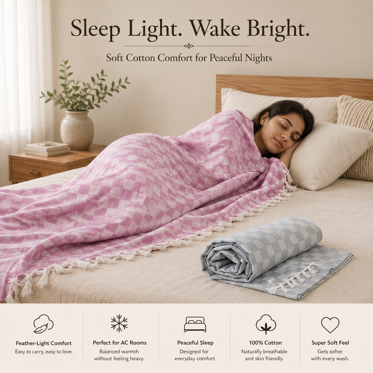 Pack of 2 Authentic Classic 3D Bhagalpuri Dull Chadar | 100% Cotton Lightweight Soft Blanket for AC Room, Travel & Everyday Use | Classic Size 94 × 50 Inches DULL C 36 37