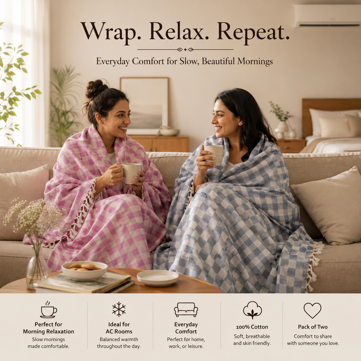 Pack of 2 Authentic Classic 3D Bhagalpuri Dull Chadar | 100% Cotton Lightweight Soft Blanket for AC Room, Travel & Everyday Use | Classic Size 94 × 50 Inches DULL C 36 37