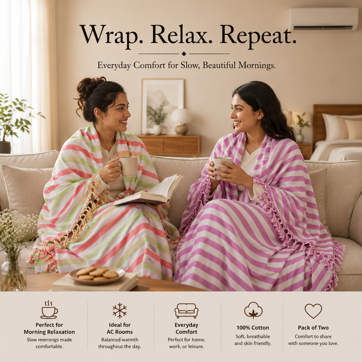 Pack of 2 Authentic Premium Bhagalpuri Dull Chadar | 100% Cotton Lightweight Soft Blanket for AC Room, Travel & Everyday Use | Classic Size 100 × 52 Inches  DULL 61 62